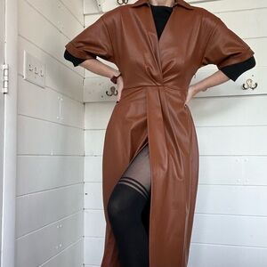 Zara Wrap Midi-Length Dress. Faux Leather Caramel/ Camel Brown. Size M.